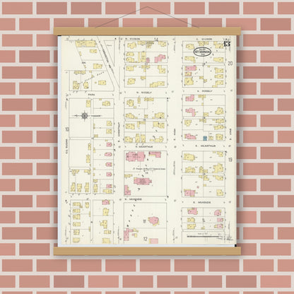 Old map wall art mockup — magnetic wood frame on brick wall — Sanborn Fire Insurance Map from Mount Vernon, Knox County, Ohio (1913), Sheet #0013
