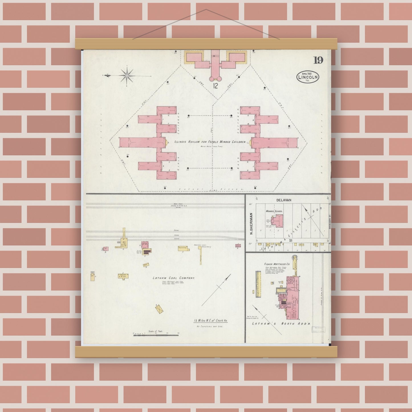 Old map wall art mockup — magnetic wood frame on brick wall — Sanborn Fire Insurance Map from Lincoln, Logan County, Illinois (1902), Sheet #0019