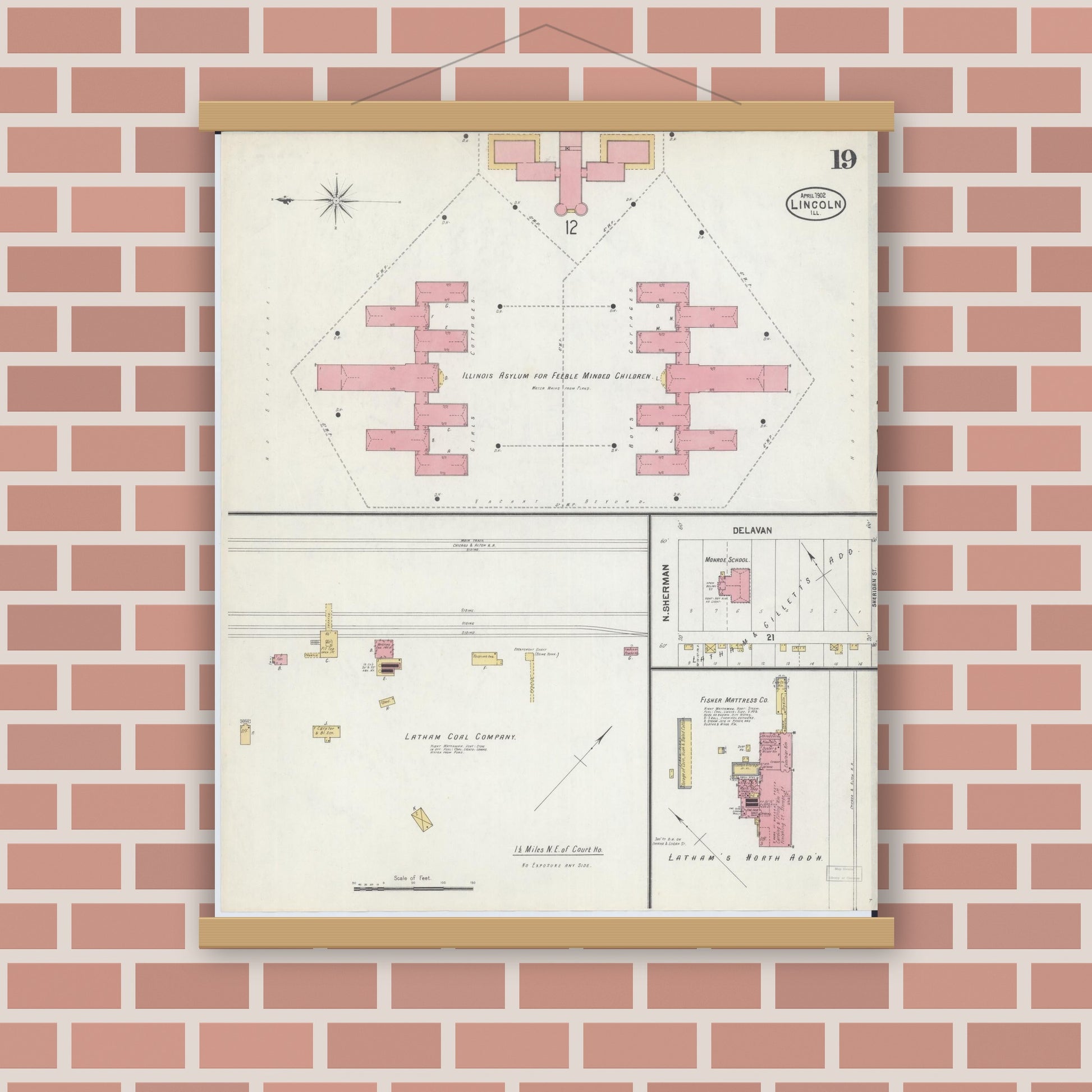 Old map wall art mockup — magnetic wood frame on brick wall — Sanborn Fire Insurance Map from Lincoln, Logan County, Illinois (1902), Sheet #0019