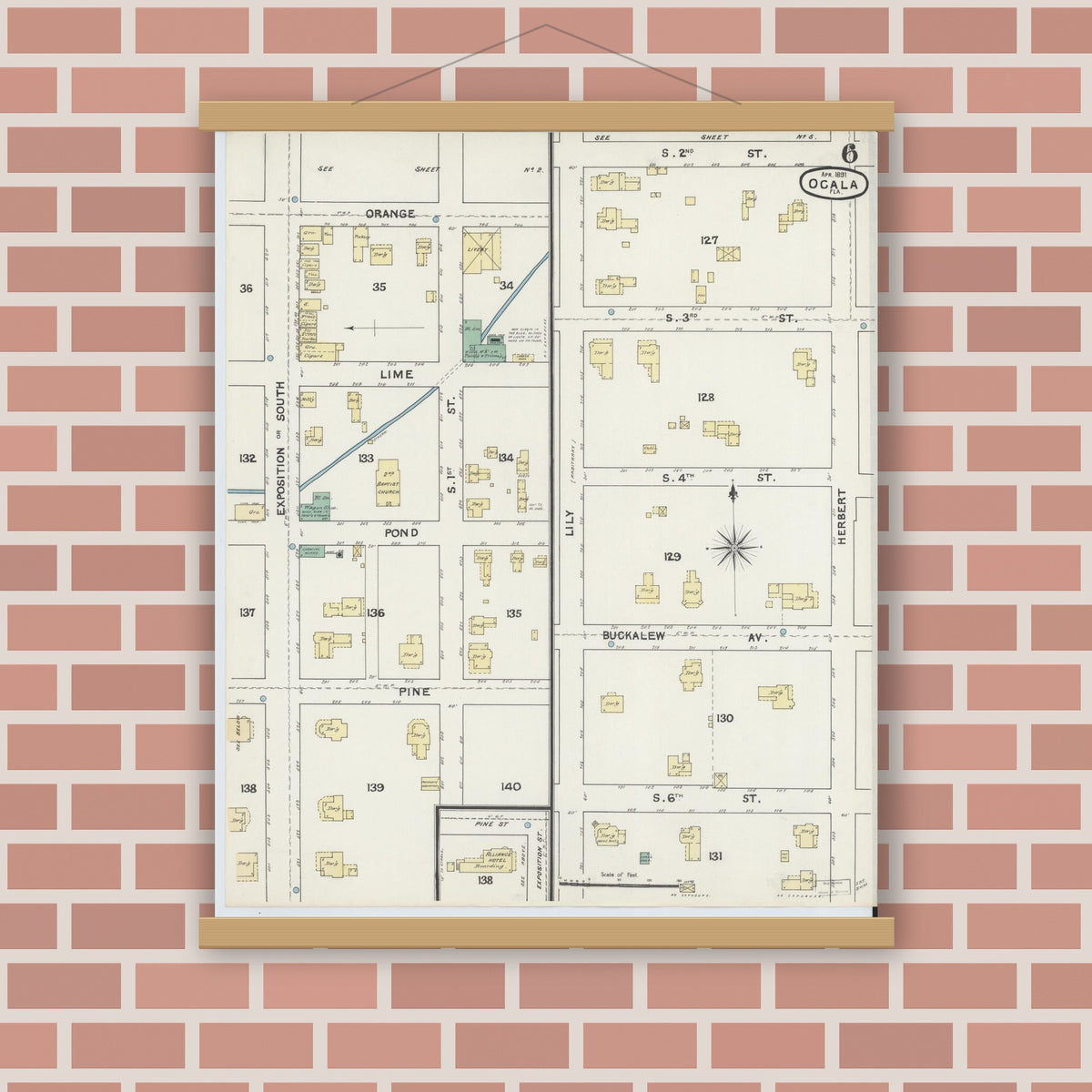 Old map wall art mockup — magnetic wood frame on brick wall — Sanborn Fire Insurance Map from Ocala, Marion County, Florida (1891), Sheet #0006