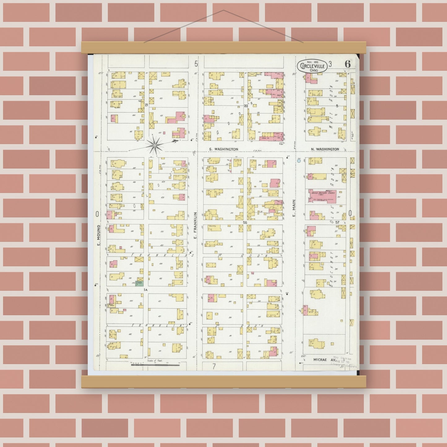 Old map wall art mockup — magnetic wood frame on brick wall — Sanborn Fire Insurance Map from Circleville, Pickaway County, Ohio (1899), Sheet #0006