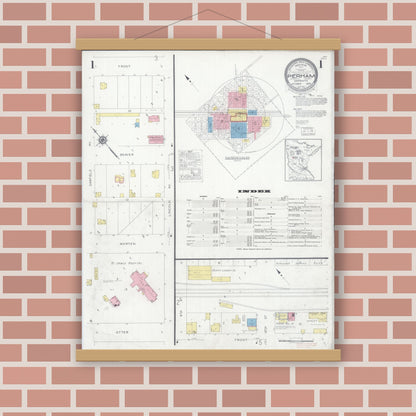 Old map wall art mockup — magnetic wood frame on brick wall — Sanborn Fire Insurance Map from Perham, Otter Tail County, Minnesota (1929), Sheet #0001