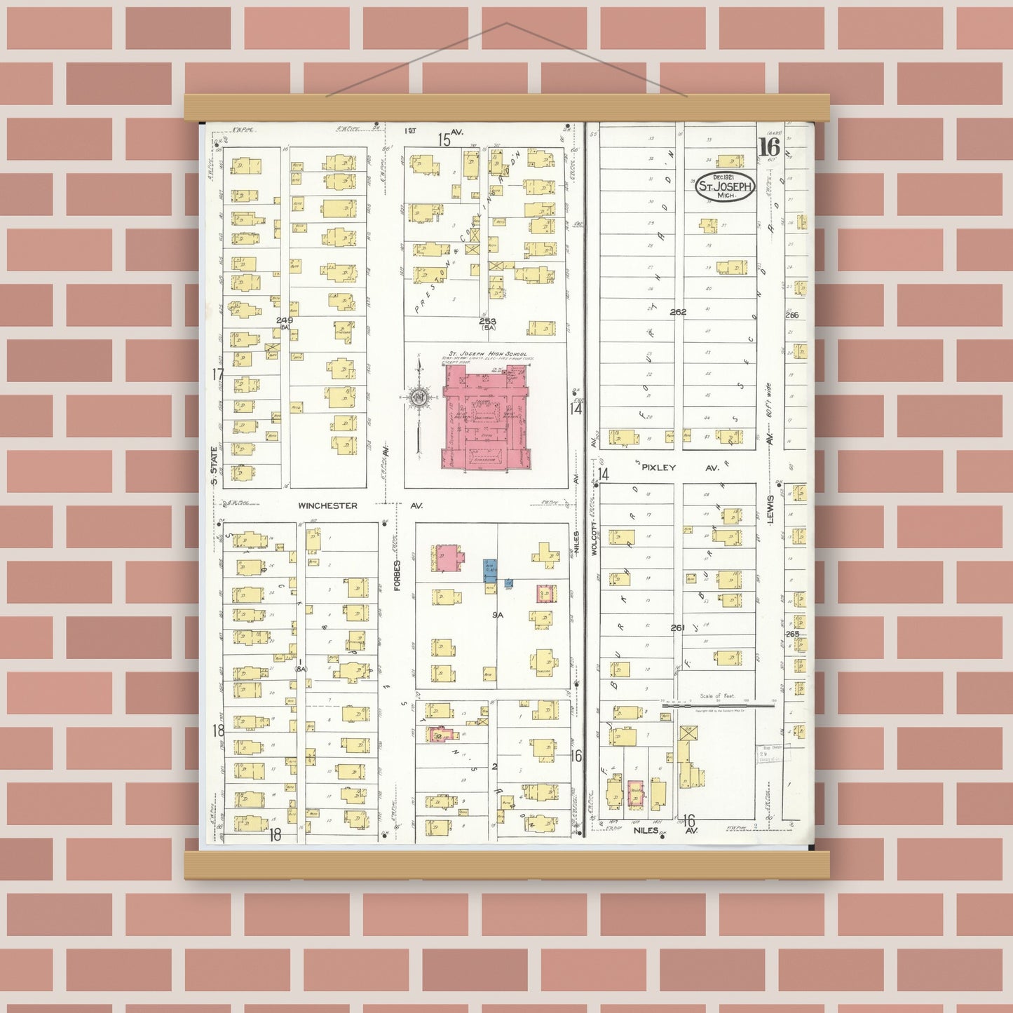 Old map wall art mockup — magnetic wood frame on brick wall — Sanborn Fire Insurance Map from Saint Joseph, Berrien County, Michigan (1921), Sheet #0016