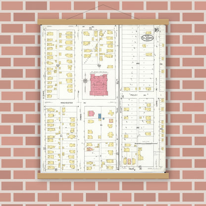 Old map wall art mockup — magnetic wood frame on brick wall — Sanborn Fire Insurance Map from Saint Joseph, Berrien County, Michigan (1921), Sheet #0016