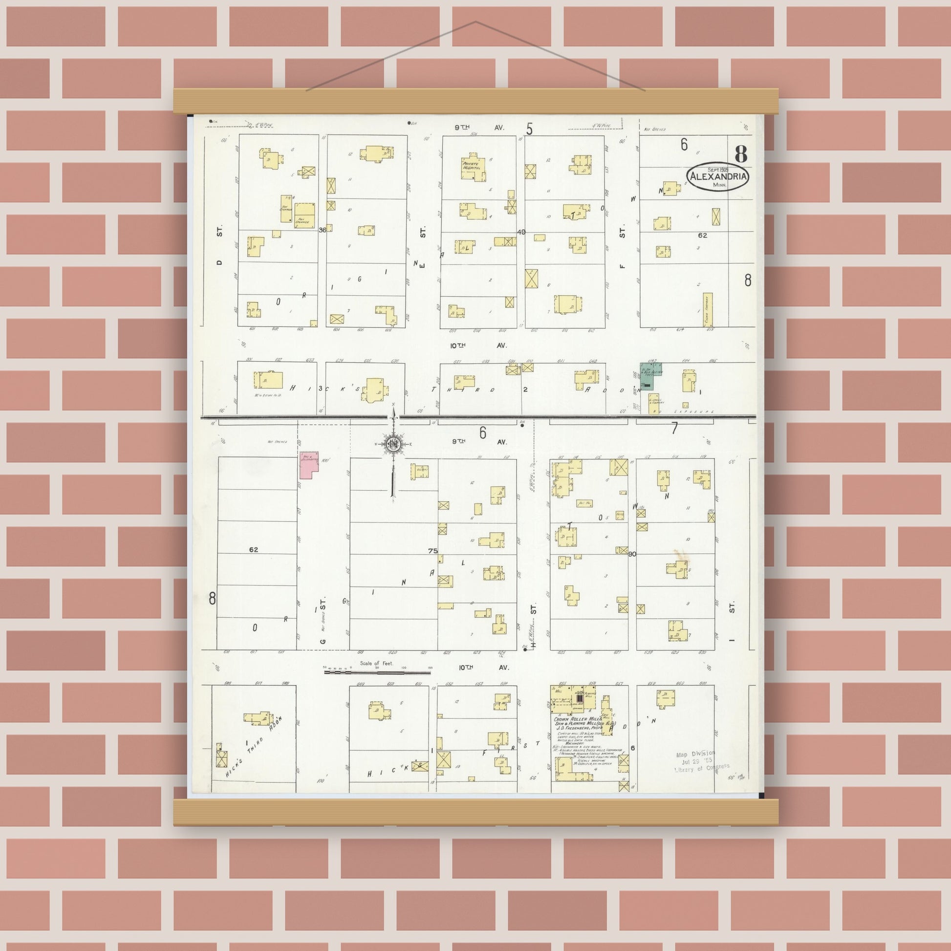 Old map wall art mockup — magnetic wood frame on brick wall — Sanborn Fire Insurance Map from Alexandria, Douglas County, Minnesota (1909), Sheet #0008