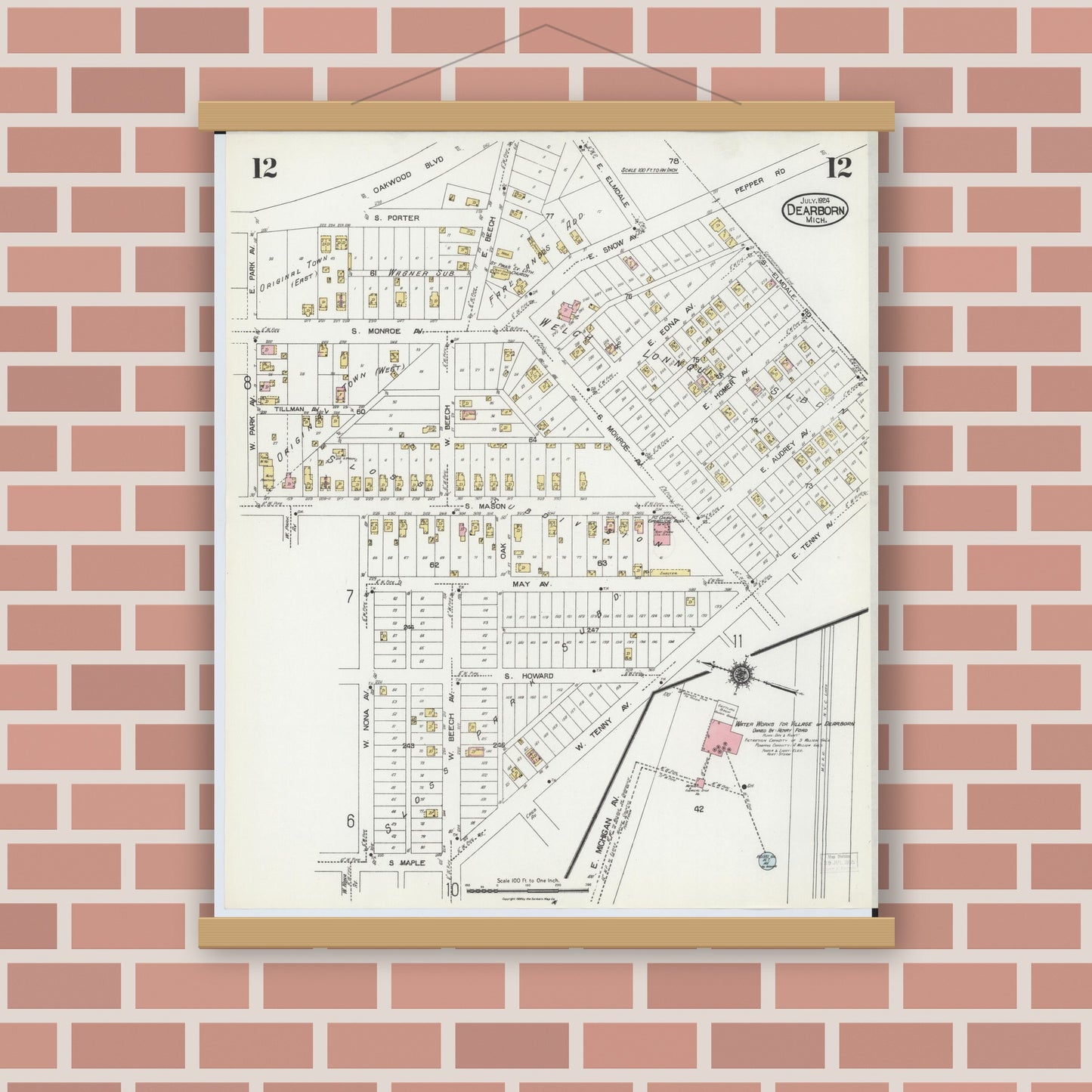 Old map wall art mockup — magnetic wood frame on brick wall — Sanborn Fire Insurance Map from Dearborn, Wayne County, Michigan (1924), Sheet #0012