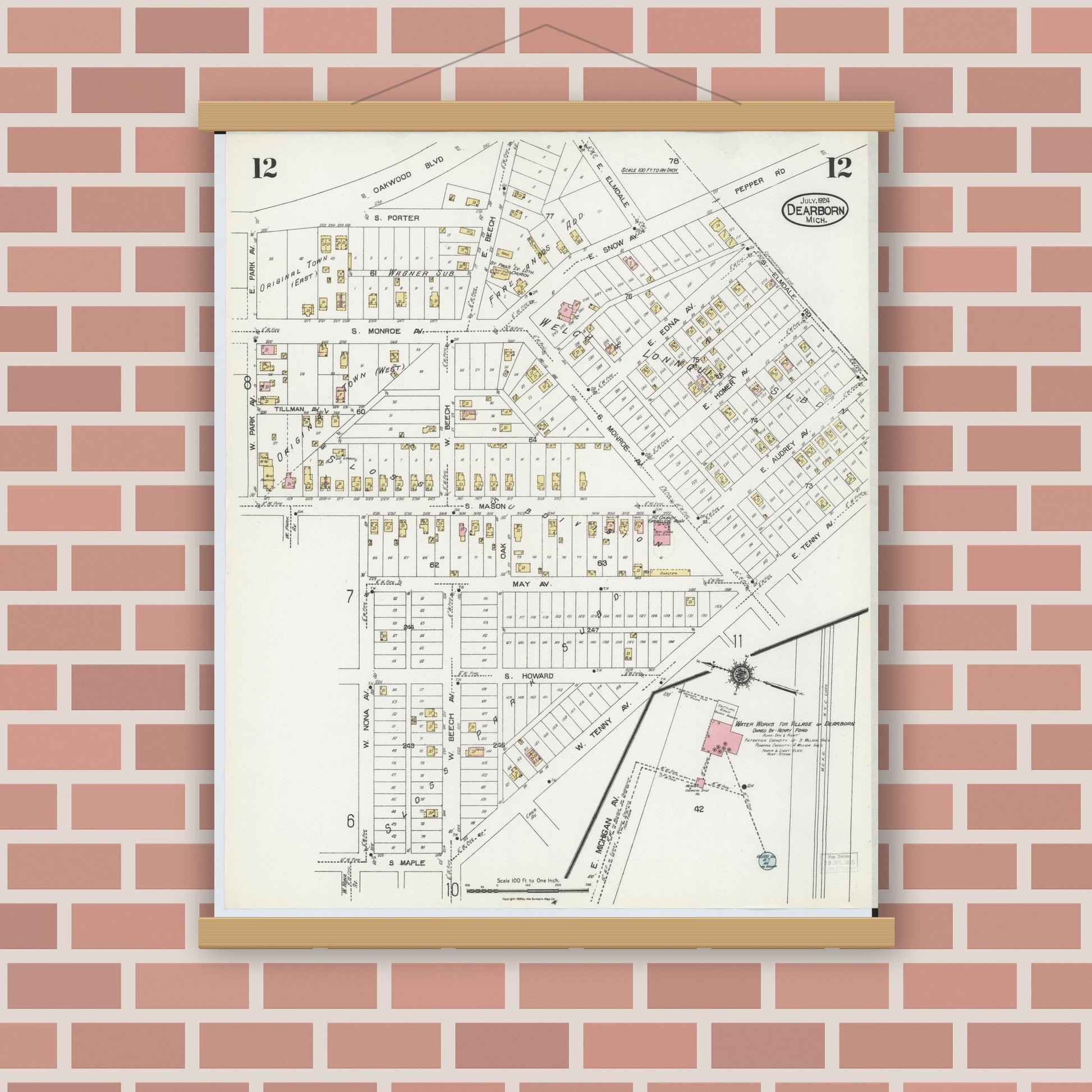 Old map wall art mockup — magnetic wood frame on brick wall — Sanborn Fire Insurance Map from Dearborn, Wayne County, Michigan (1924), Sheet #0012