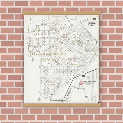 Old map wall art mockup — magnetic wood frame on brick wall — Sanborn Fire Insurance Map from Dearborn, Wayne County, Michigan (1924), Sheet #0012