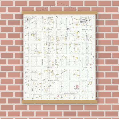 Old map wall art mockup — magnetic wood frame on brick wall — Sanborn Fire Insurance Map from Midland, Midland County, Texas (1929), Sheet #0012
