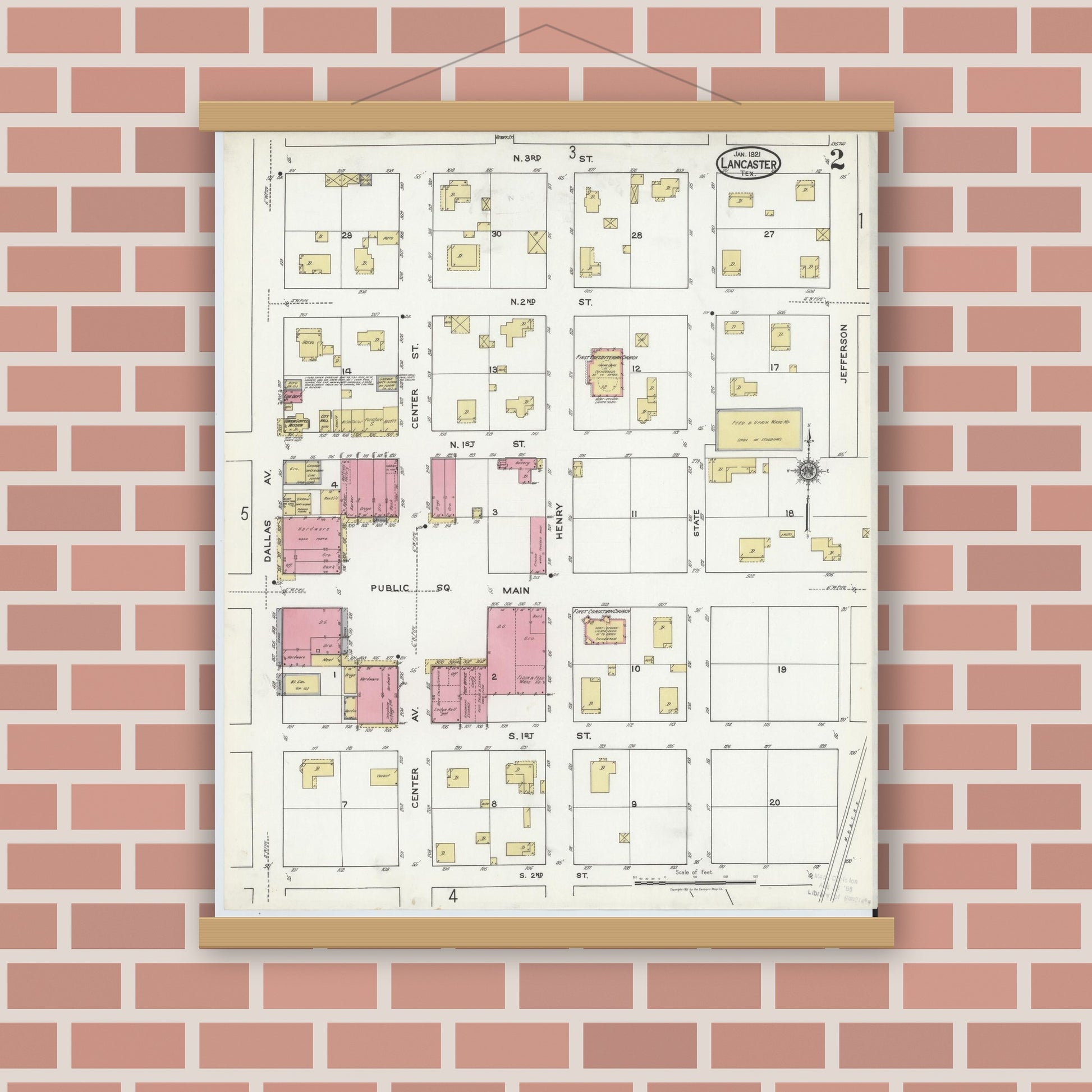Old map wall art mockup — magnetic wood frame on brick wall — Sanborn Fire Insurance Map from Lancaster, Dallas County, Texas (1921), Sheet #0002