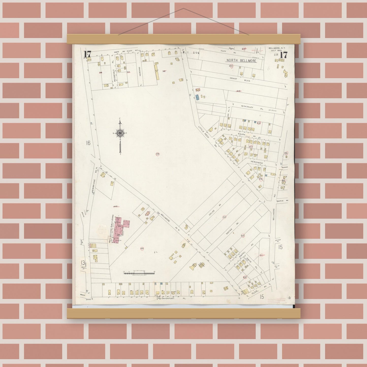 Old map wall art mockup — magnetic wood frame on brick wall — Sanborn Fire Insurance Map from Bellmore, Nassau County, New York (1945), Sheet #0017