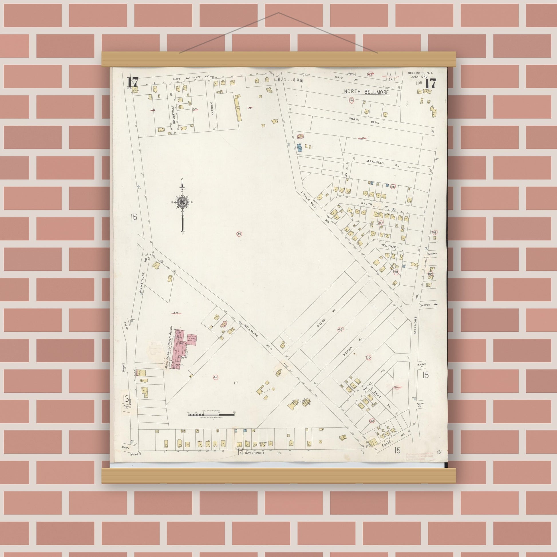 Old map wall art mockup — magnetic wood frame on brick wall — Sanborn Fire Insurance Map from Bellmore, Nassau County, New York (1945), Sheet #0017