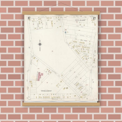 Old map wall art mockup — magnetic wood frame on brick wall — Sanborn Fire Insurance Map from Bellmore, Nassau County, New York (1945), Sheet #0017