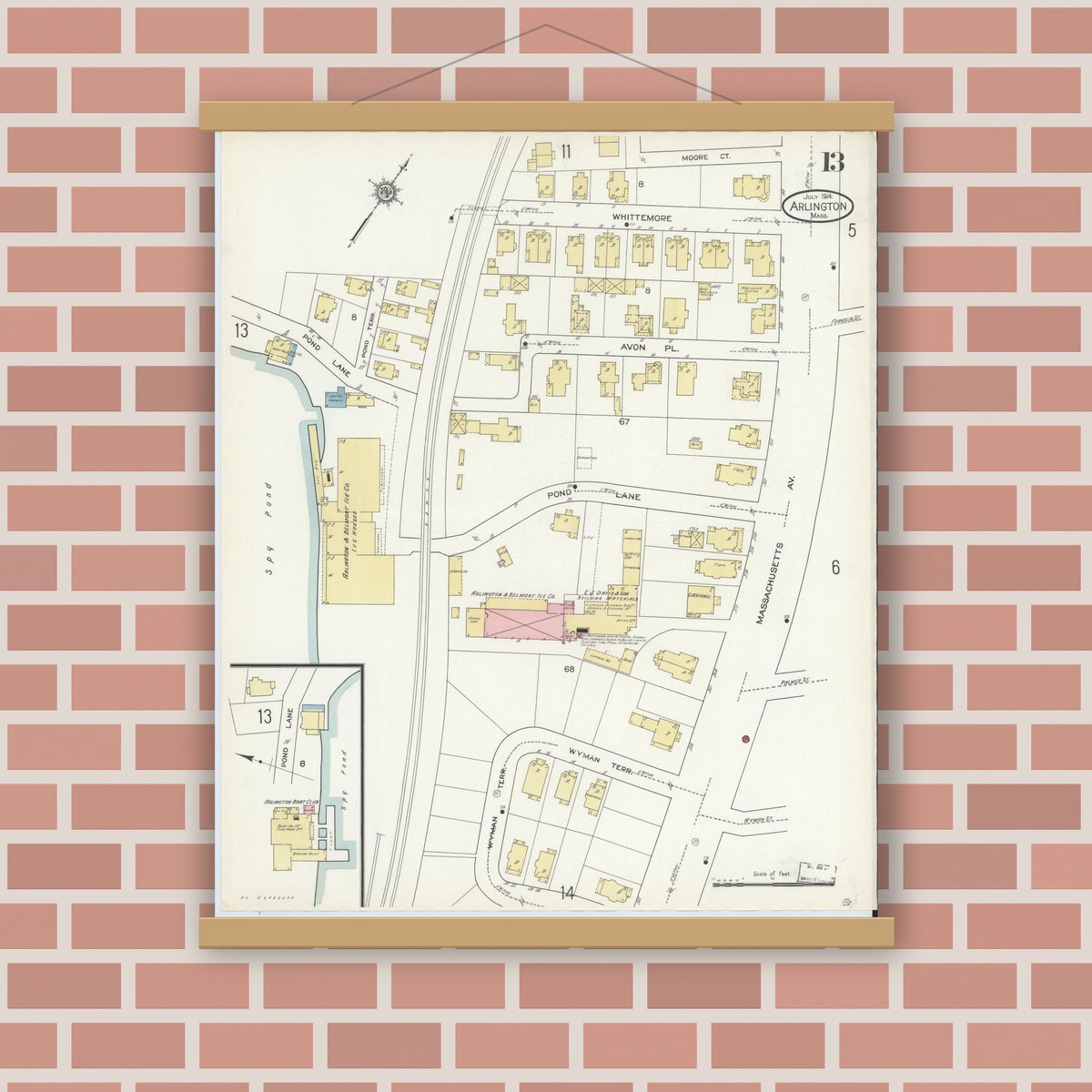 Old map wall art mockup — magnetic wood frame on brick wall — Sanborn Fire Insurance Map from Arlington, Middlesex County, Massachusetts (1914), Sheet #0013