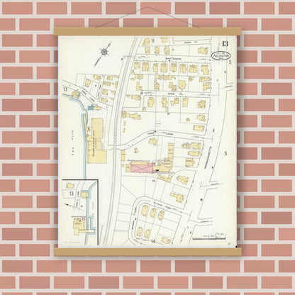 Old map wall art mockup — magnetic wood frame on brick wall — Sanborn Fire Insurance Map from Arlington, Middlesex County, Massachusetts (1914), Sheet #0013