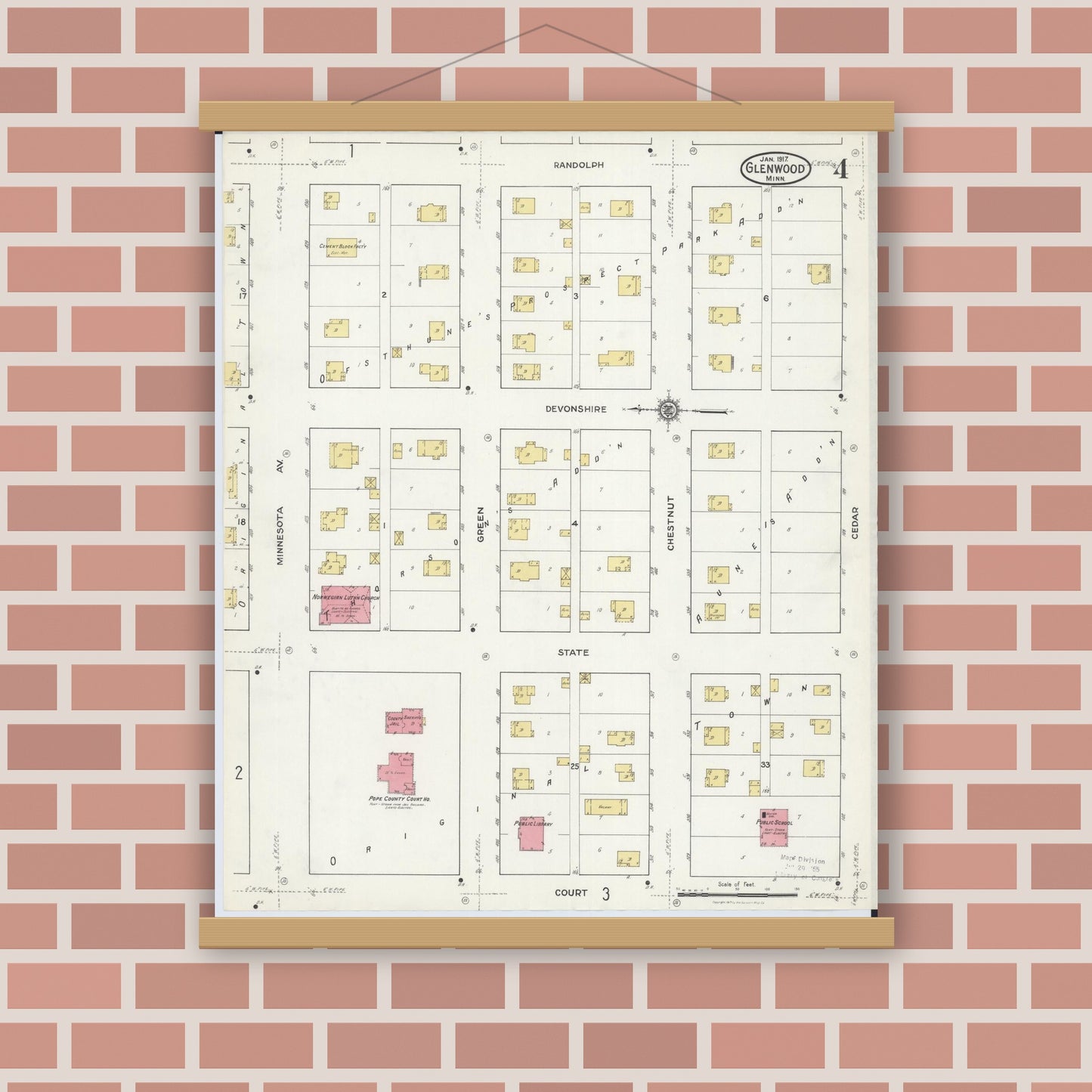 Old map wall art mockup — magnetic wood frame on brick wall — Sanborn Fire Insurance Map from Glenwood, Pope County, Minnesota (1917), Sheet #0004
