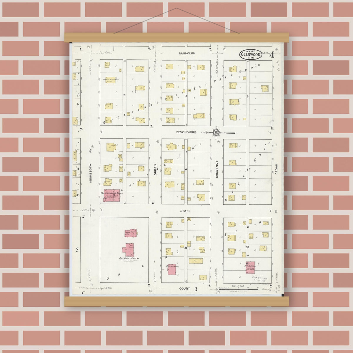 Old map wall art mockup — magnetic wood frame on brick wall — Sanborn Fire Insurance Map from Glenwood, Pope County, Minnesota (1917), Sheet #0004