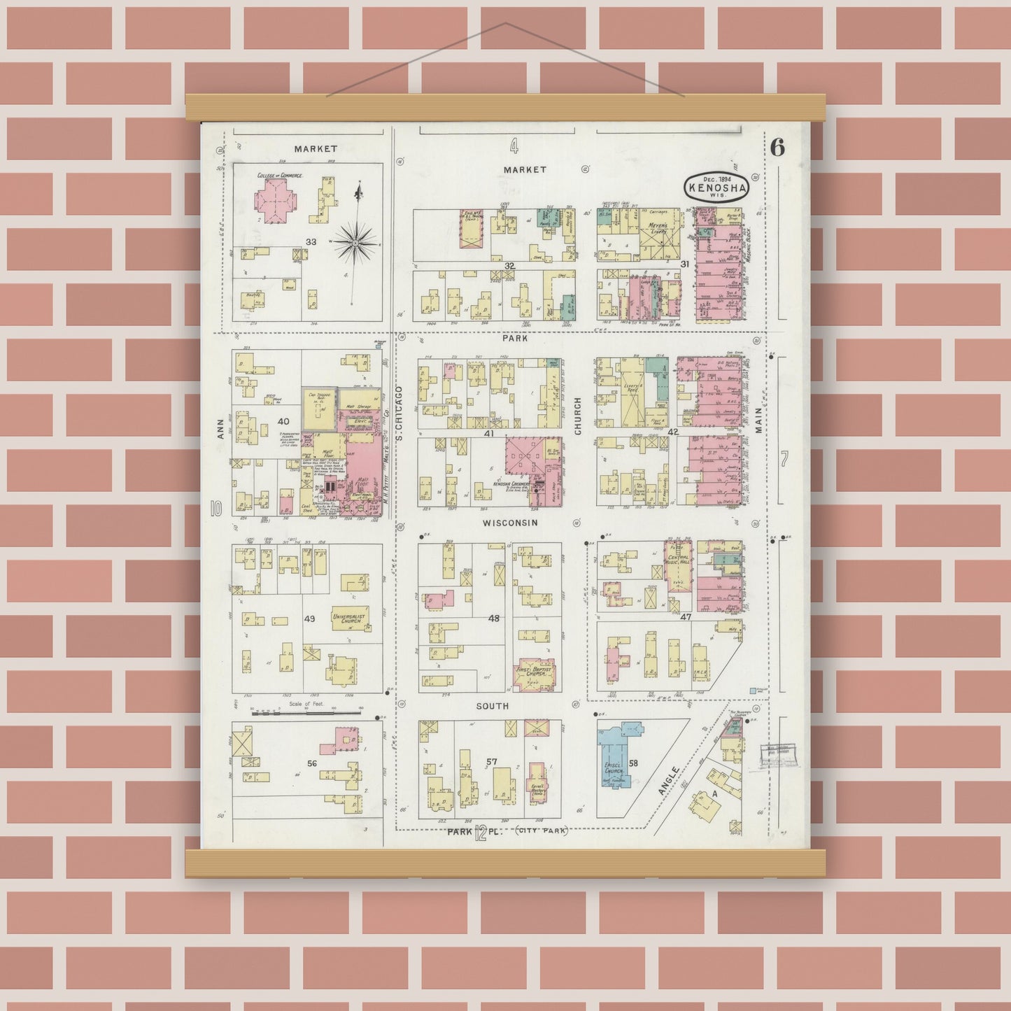 Old map wall art mockup — magnetic wood frame on brick wall — Sanborn Fire Insurance Map from Kenosha, Kenosha County, Wisconsin (1894), Sheet #0006