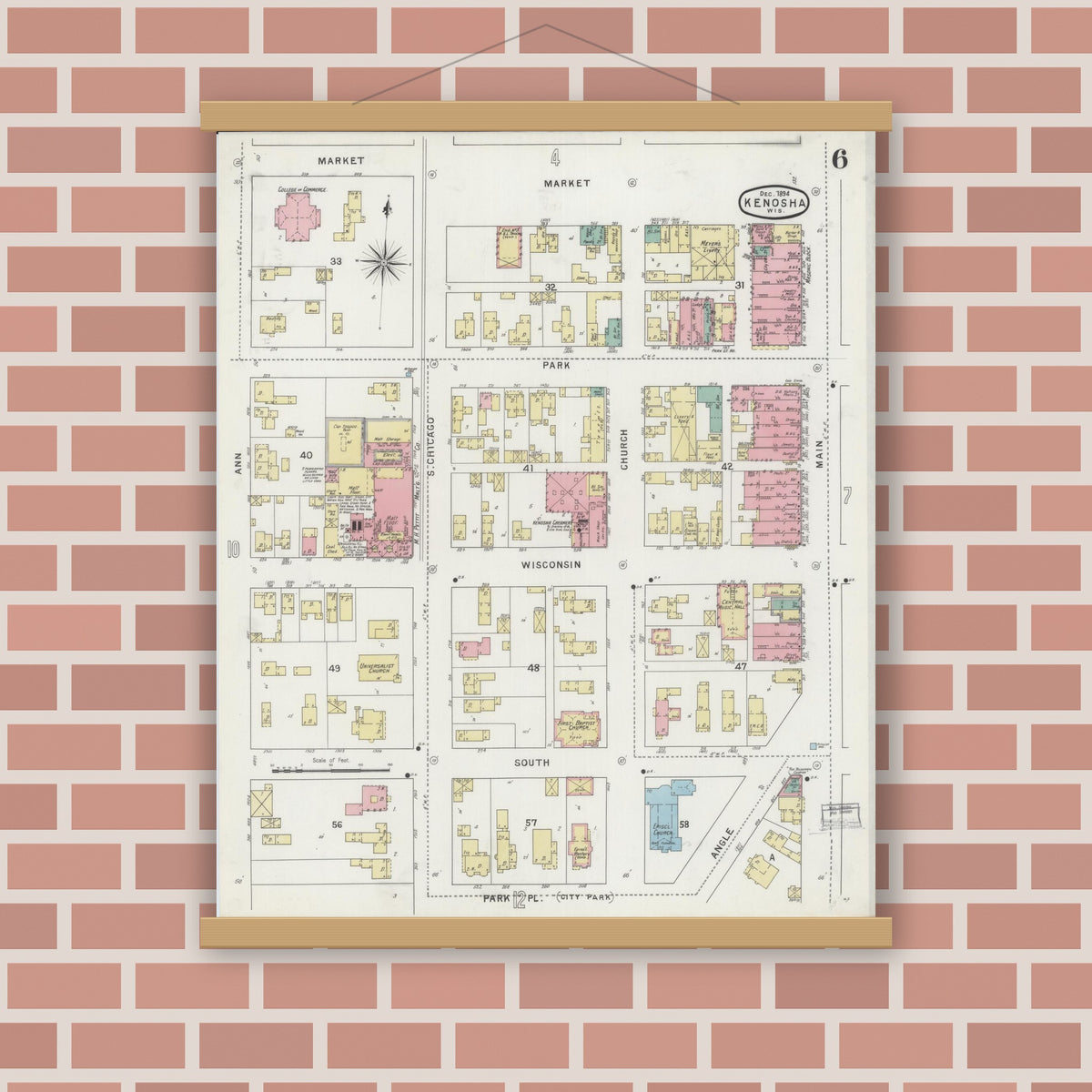 Old map wall art mockup — magnetic wood frame on brick wall — Sanborn Fire Insurance Map from Kenosha, Kenosha County, Wisconsin (1894), Sheet #0006