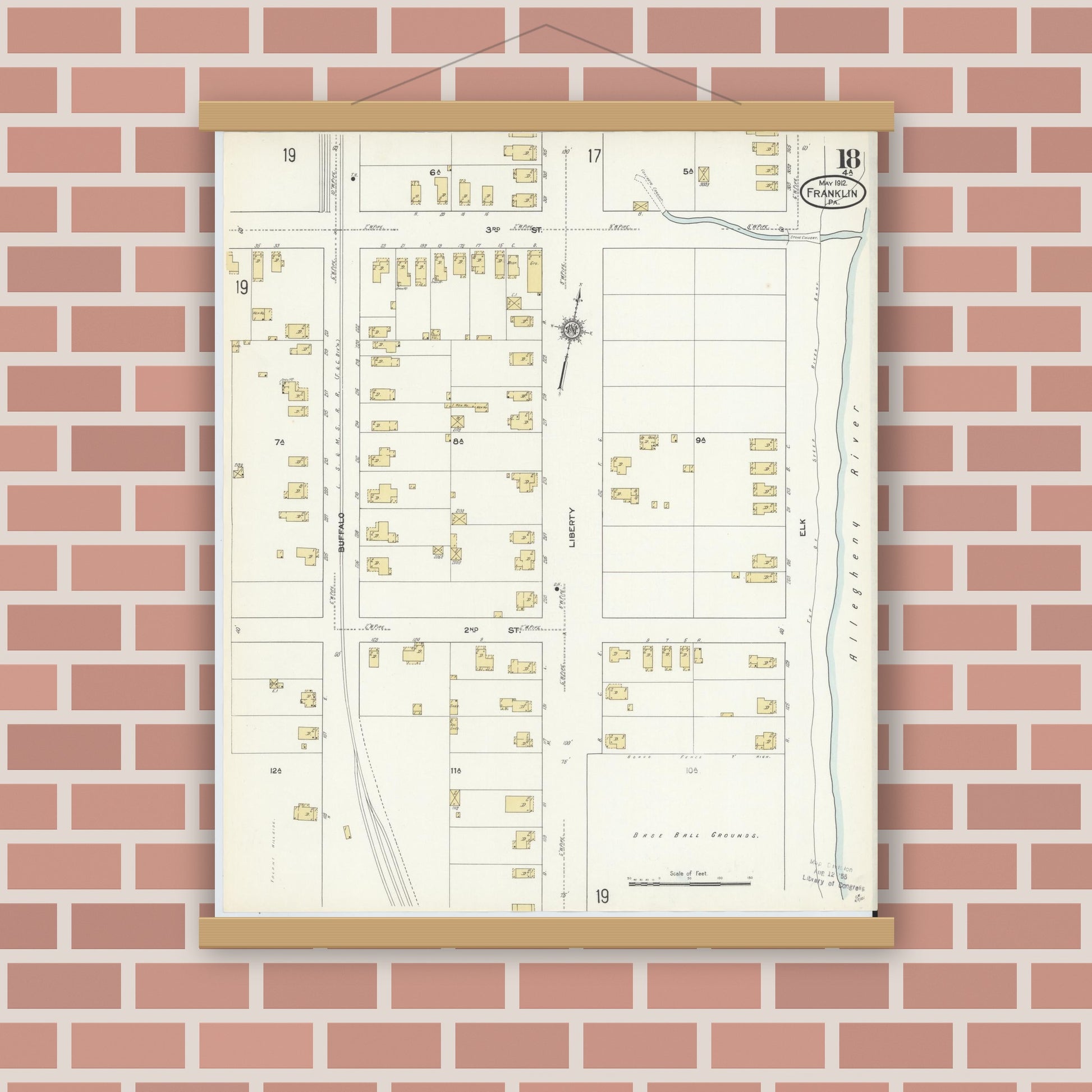 Old map wall art mockup — magnetic wood frame on brick wall — Sanborn Fire Insurance Map from Franklin, Venango County, Pennsylvania (1912), Sheet #0018