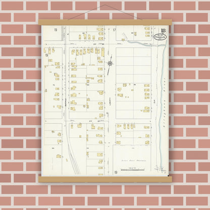 Old map wall art mockup — magnetic wood frame on brick wall — Sanborn Fire Insurance Map from Franklin, Venango County, Pennsylvania (1912), Sheet #0018