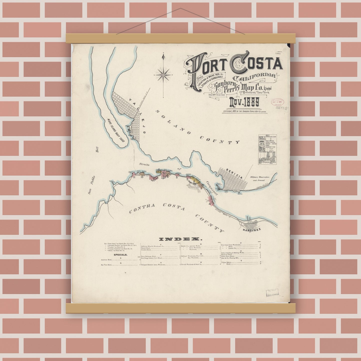Old map wall art mockup — magnetic wood frame on brick wall — Sanborn Fire Insurance Map from Port Costa, Contra Costa County, California (1889) - Complete Map Set