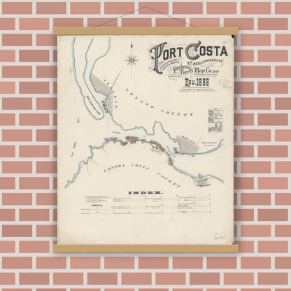 Old map wall art mockup — magnetic wood frame on brick wall — Sanborn Fire Insurance Map from Port Costa, Contra Costa County, California (1889) - Complete Map Set