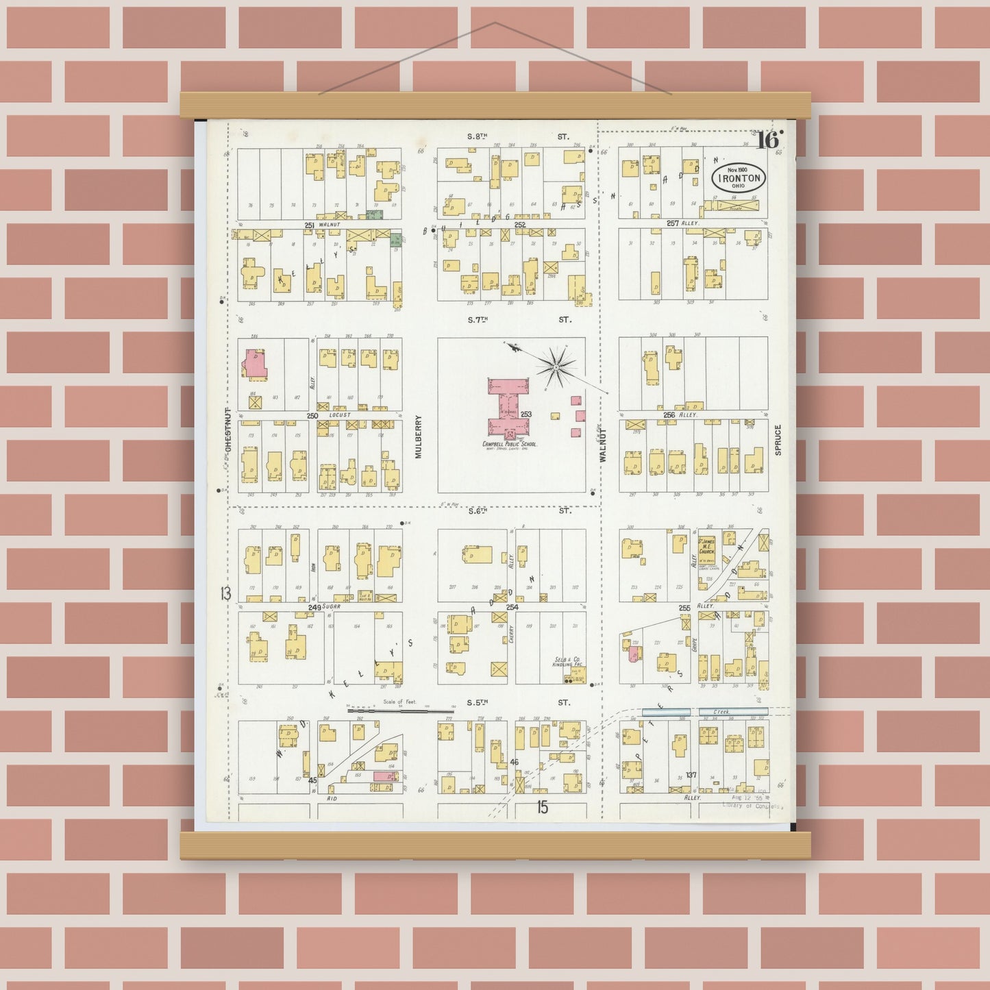 Old map wall art mockup — magnetic wood frame on brick wall — Sanborn Fire Insurance Map from Ironton, Lawrence County, Ohio (1900), Sheet #0016