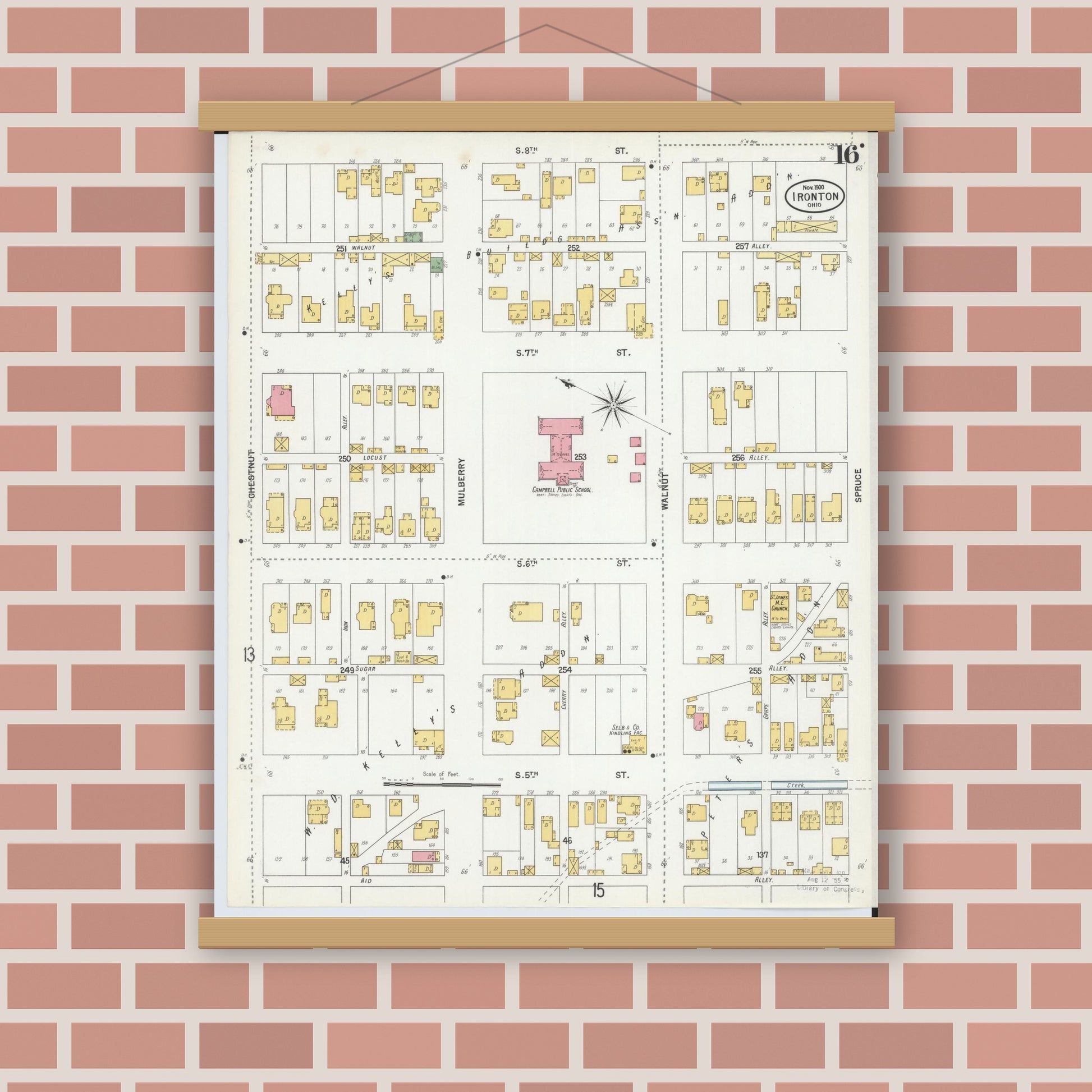 Old map wall art mockup — magnetic wood frame on brick wall — Sanborn Fire Insurance Map from Ironton, Lawrence County, Ohio (1900), Sheet #0016