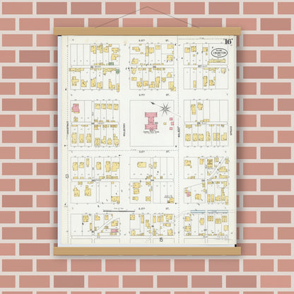 Old map wall art mockup — magnetic wood frame on brick wall — Sanborn Fire Insurance Map from Ironton, Lawrence County, Ohio (1900), Sheet #0016