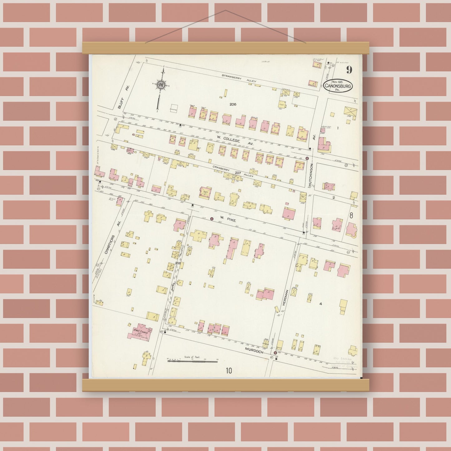 Old map wall art mockup — magnetic wood frame on brick wall — Sanborn Fire Insurance Map from Canonsburg, Washington County, Pennsylvania (1913), Sheet #0009