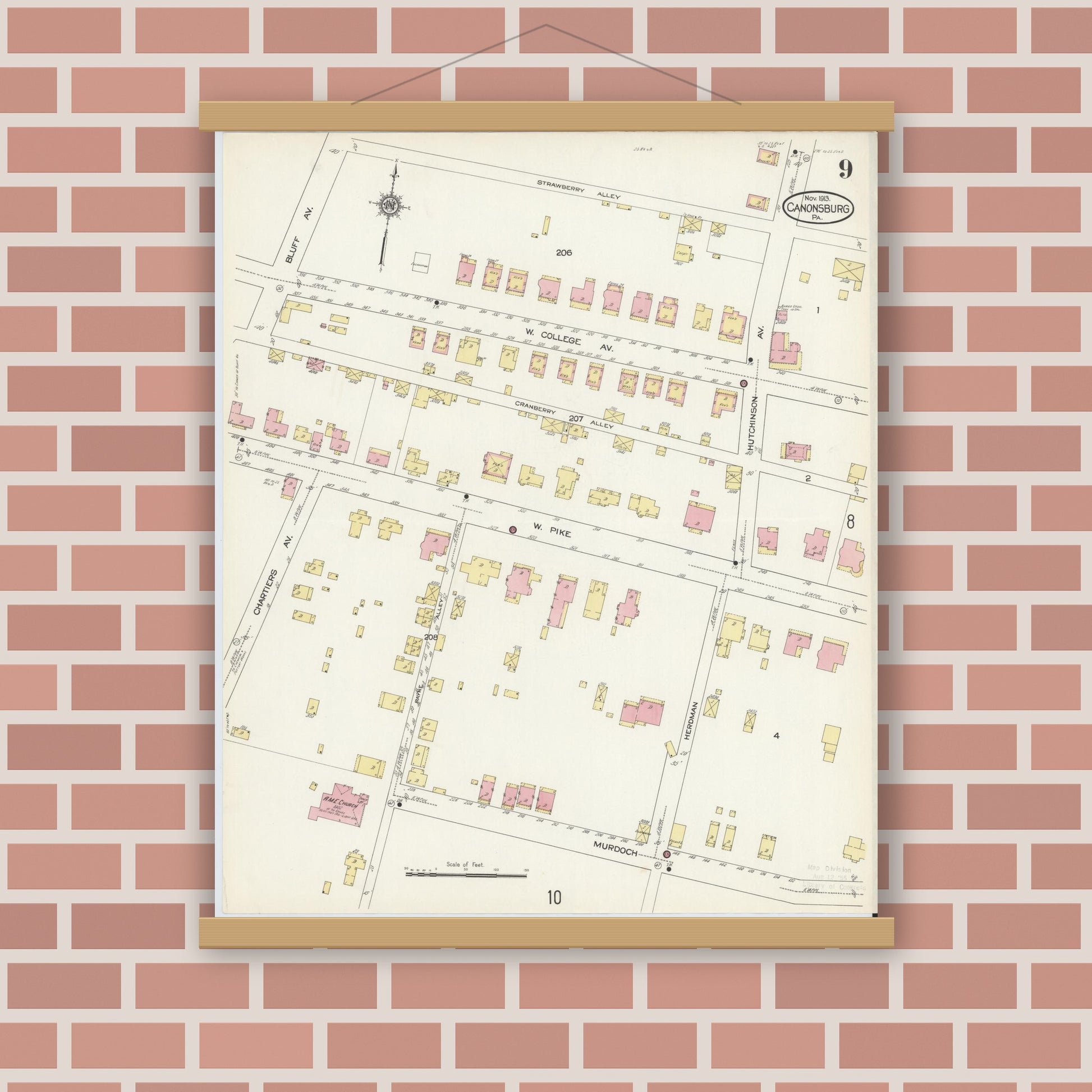 Old map wall art mockup — magnetic wood frame on brick wall — Sanborn Fire Insurance Map from Canonsburg, Washington County, Pennsylvania (1913), Sheet #0009