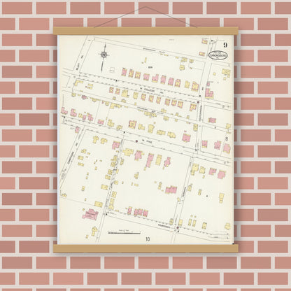 Old map wall art mockup — magnetic wood frame on brick wall — Sanborn Fire Insurance Map from Canonsburg, Washington County, Pennsylvania (1913), Sheet #0009