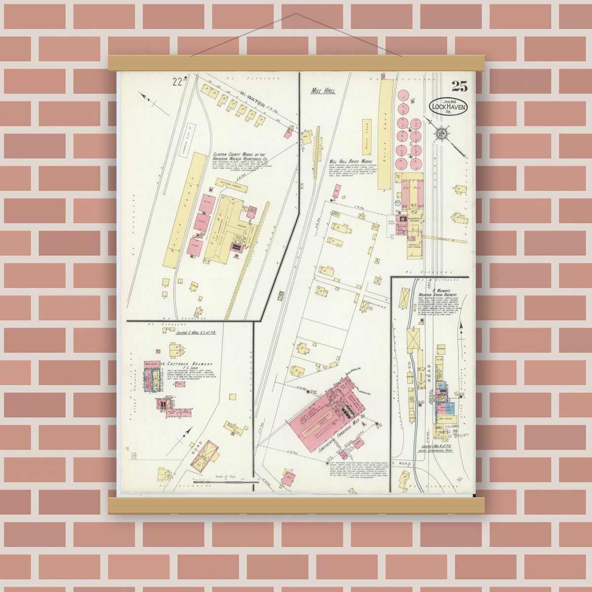 Old map wall art mockup — magnetic wood frame on brick wall — Sanborn Fire Insurance Map from Lock Haven, Clinton County, Pennsylvania (1914), Sheet #0025