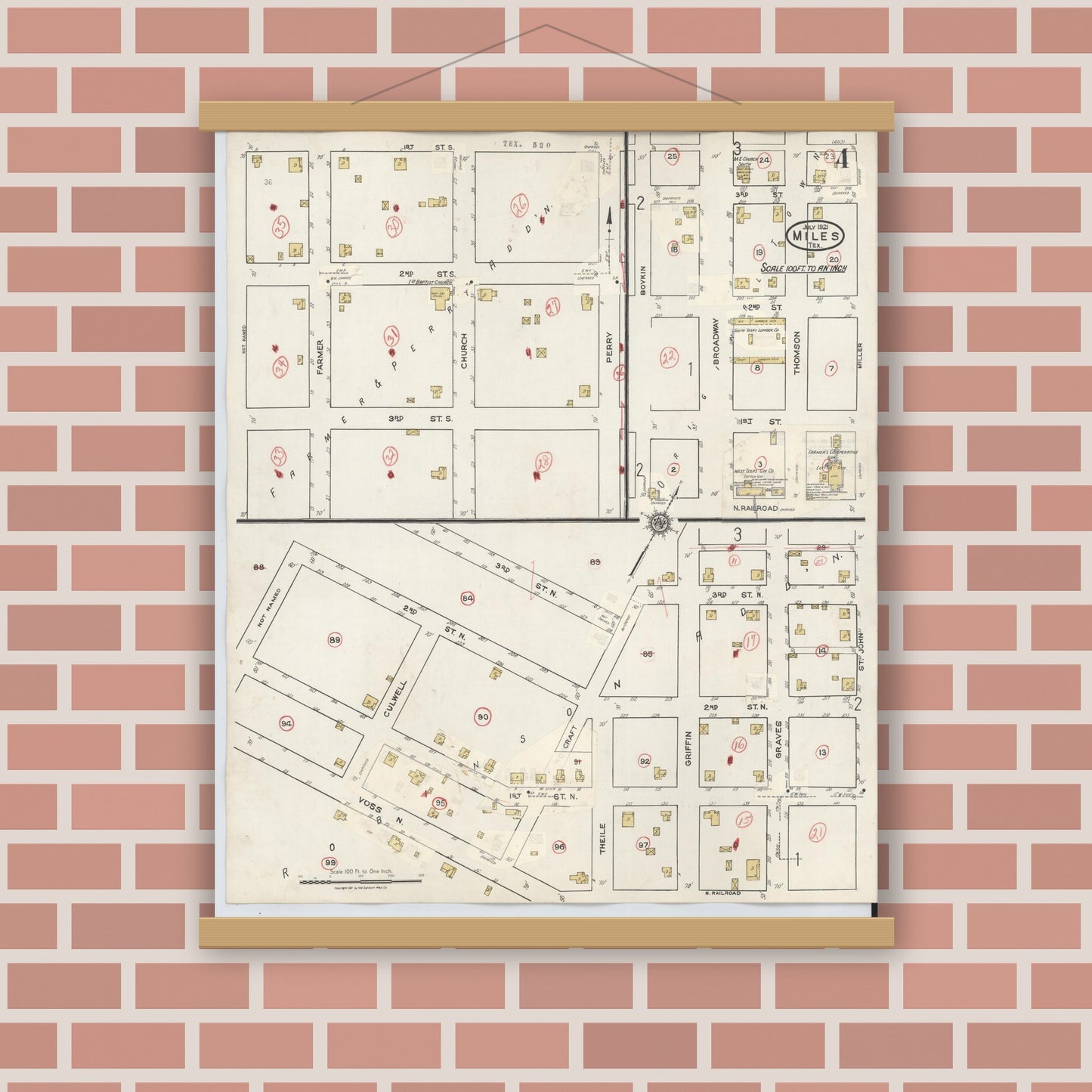 Old map wall art mockup — magnetic wood frame on brick wall — Sanborn Fire Insurance Map from Miles, Runnels County, Texas (1936), Sheet #0004