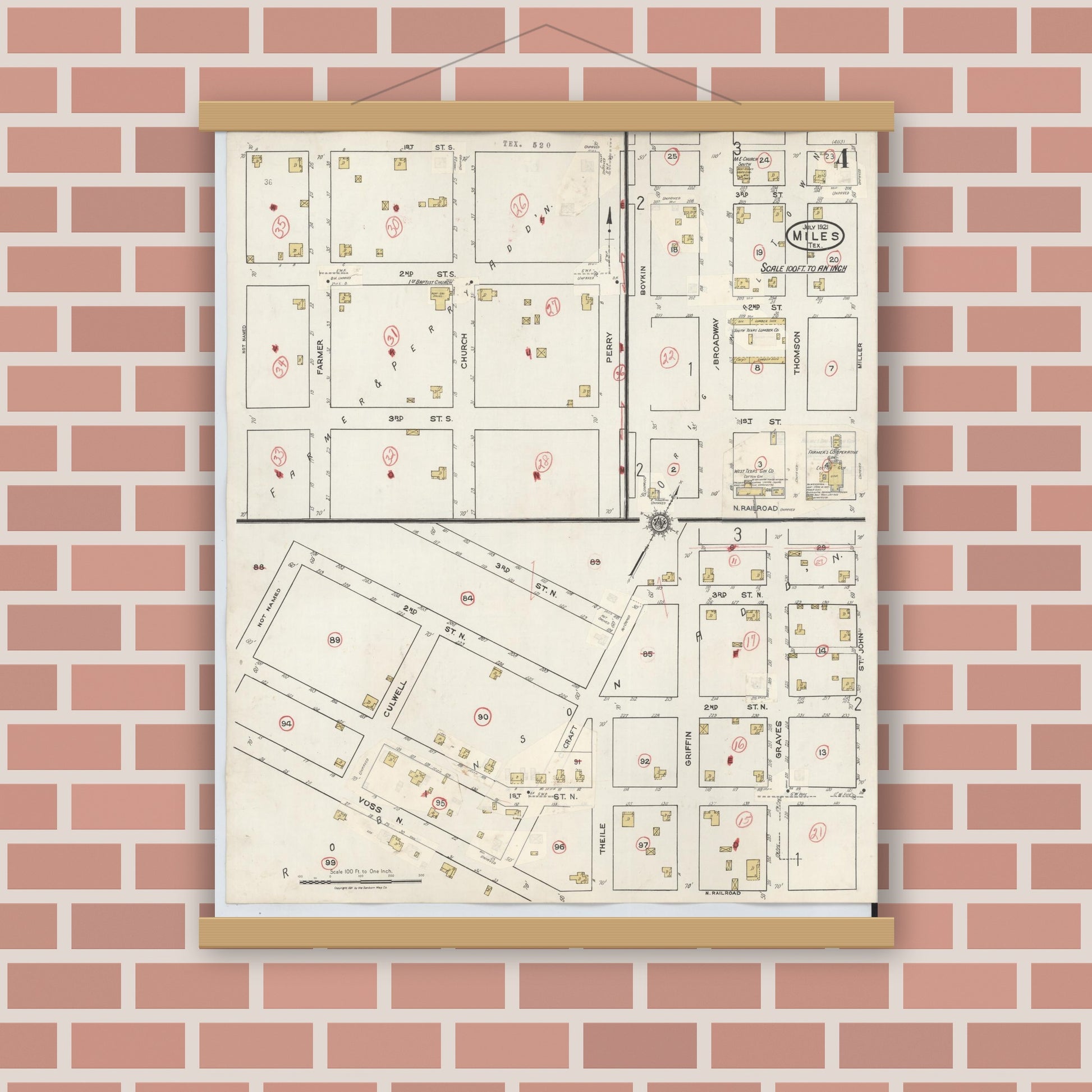 Old map wall art mockup — magnetic wood frame on brick wall — Sanborn Fire Insurance Map from Miles, Runnels County, Texas (1936), Sheet #0004