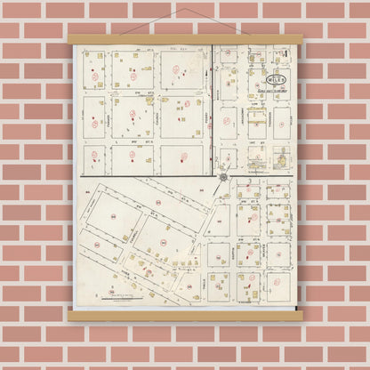 Old map wall art mockup — magnetic wood frame on brick wall — Sanborn Fire Insurance Map from Miles, Runnels County, Texas (1936), Sheet #0004