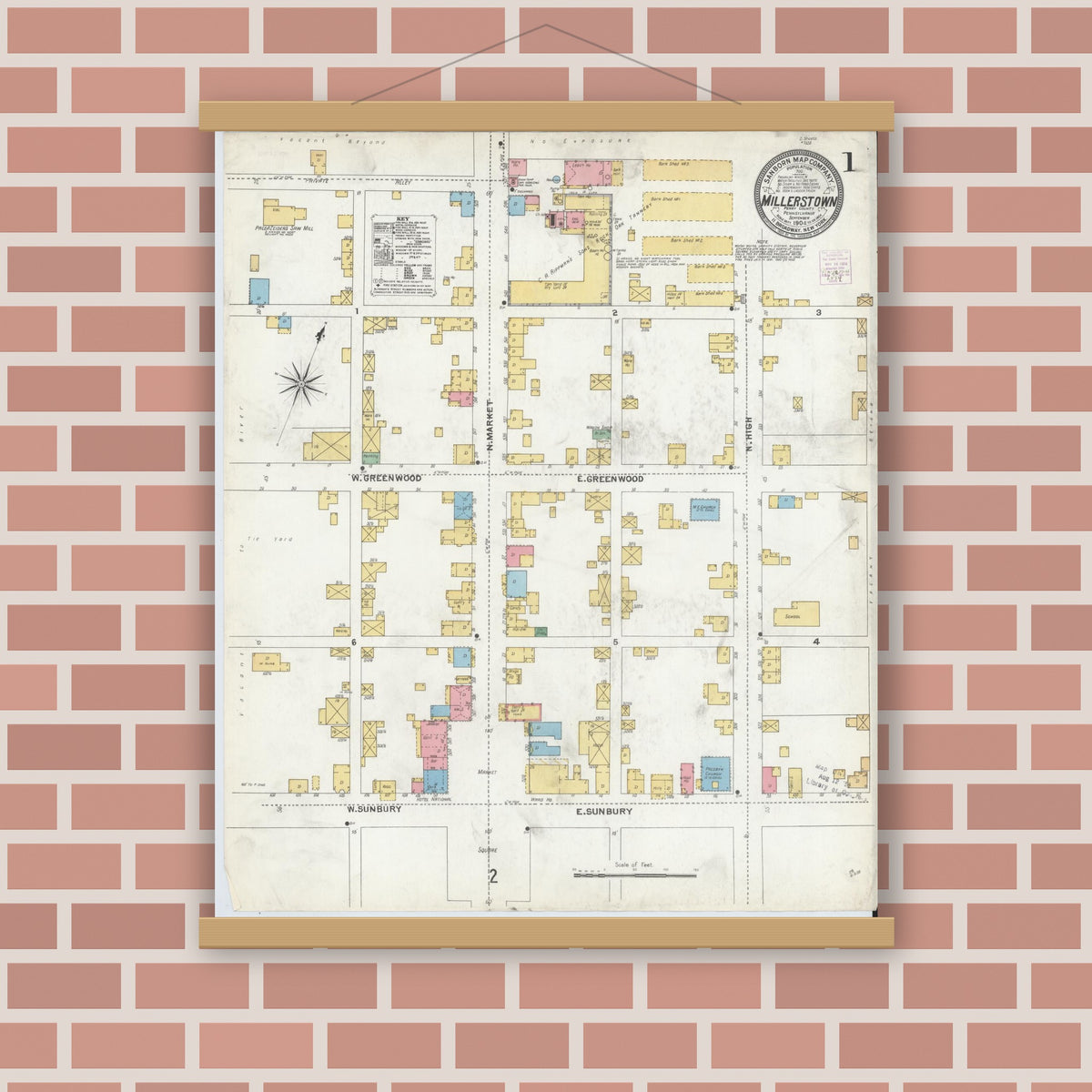 Old map wall art mockup — magnetic wood frame on brick wall — Sanborn Fire Insurance Map from Millerstown, Perry County, Pennsylvania (1904), Sheet #0001