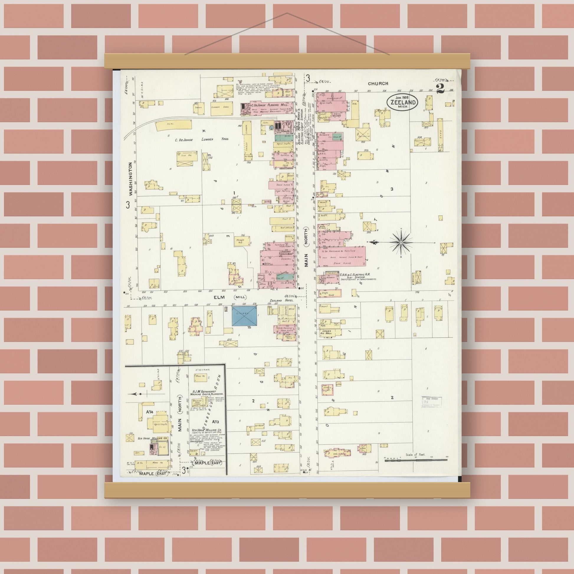 Old map wall art mockup — magnetic wood frame on brick wall — Sanborn Fire Insurance Map from Zeeland, Ottawa County, Michigan (1908), Sheet #0002