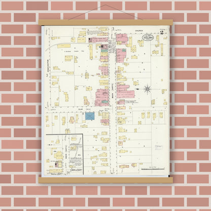 Old map wall art mockup — magnetic wood frame on brick wall — Sanborn Fire Insurance Map from Zeeland, Ottawa County, Michigan (1908), Sheet #0002