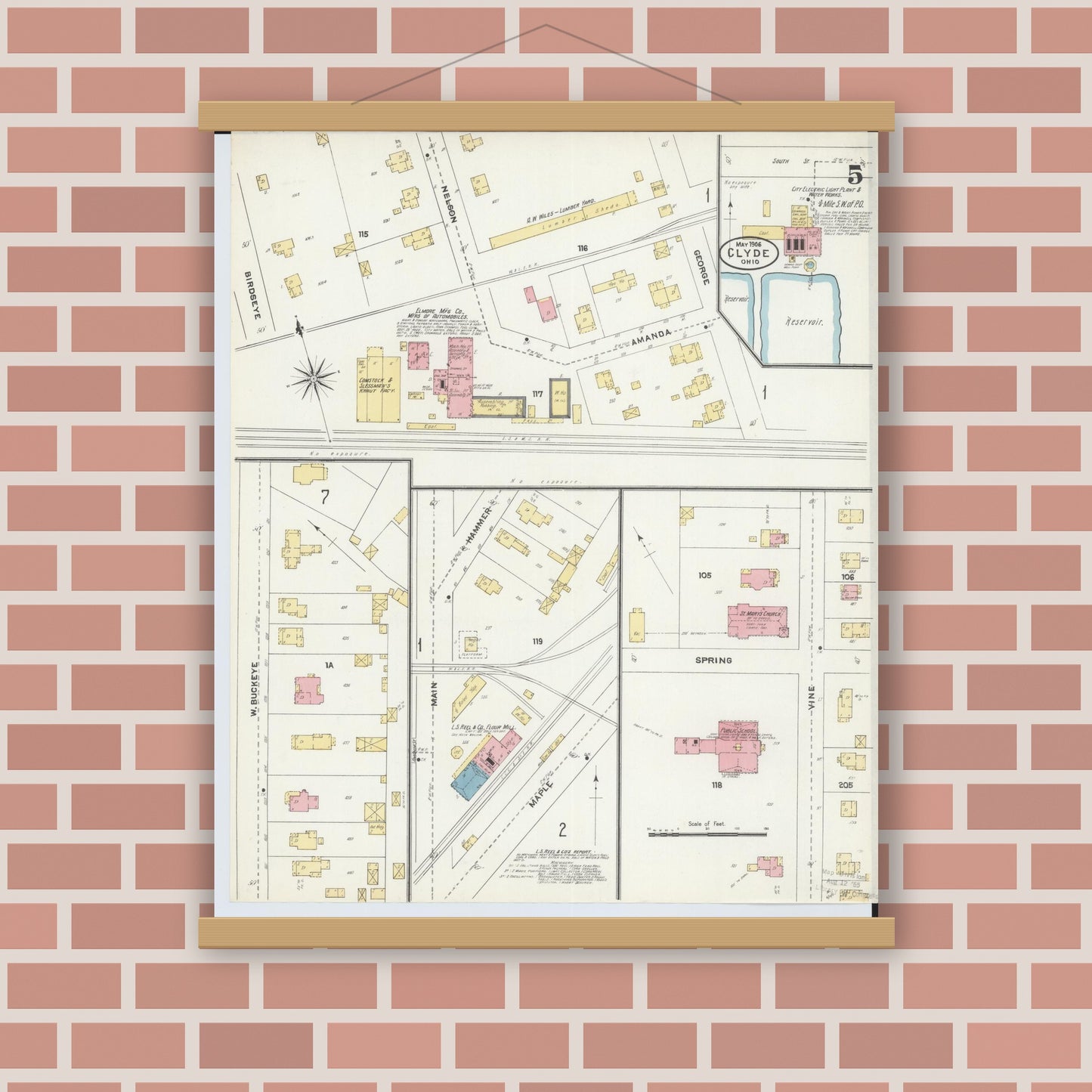 Old map wall art mockup — magnetic wood frame on brick wall — Sanborn Fire Insurance Map from Clyde, Sandusky County, Ohio (1906), Sheet #0005