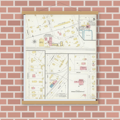 Old map wall art mockup — magnetic wood frame on brick wall — Sanborn Fire Insurance Map from Clyde, Sandusky County, Ohio (1906), Sheet #0005