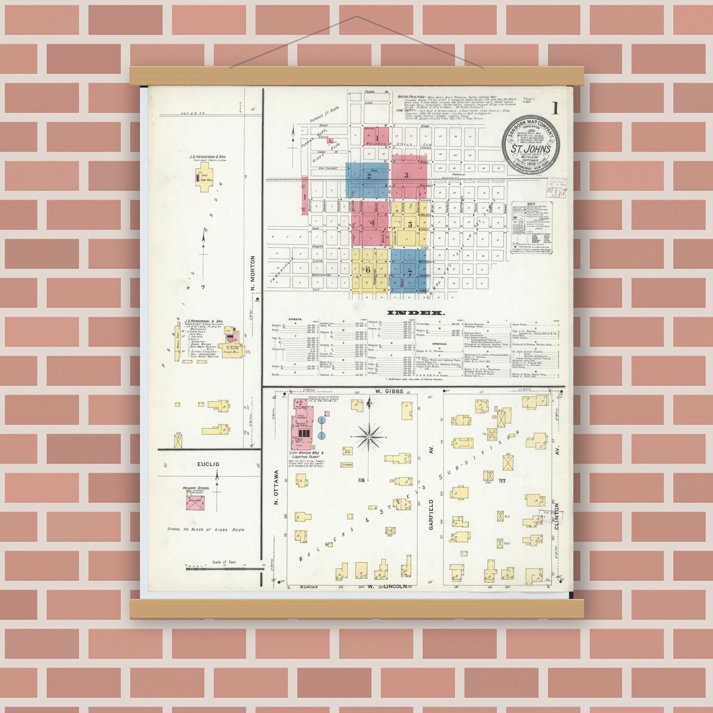 Old map wall art mockup — magnetic wood frame on brick wall — Sanborn Fire Insurance Map from Saint Johns, Clinton County, Michigan (1908) - Complete Map Set