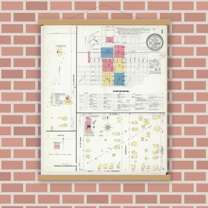Old map wall art mockup — magnetic wood frame on brick wall — Sanborn Fire Insurance Map from Saint Johns, Clinton County, Michigan (1908) - Complete Map Set