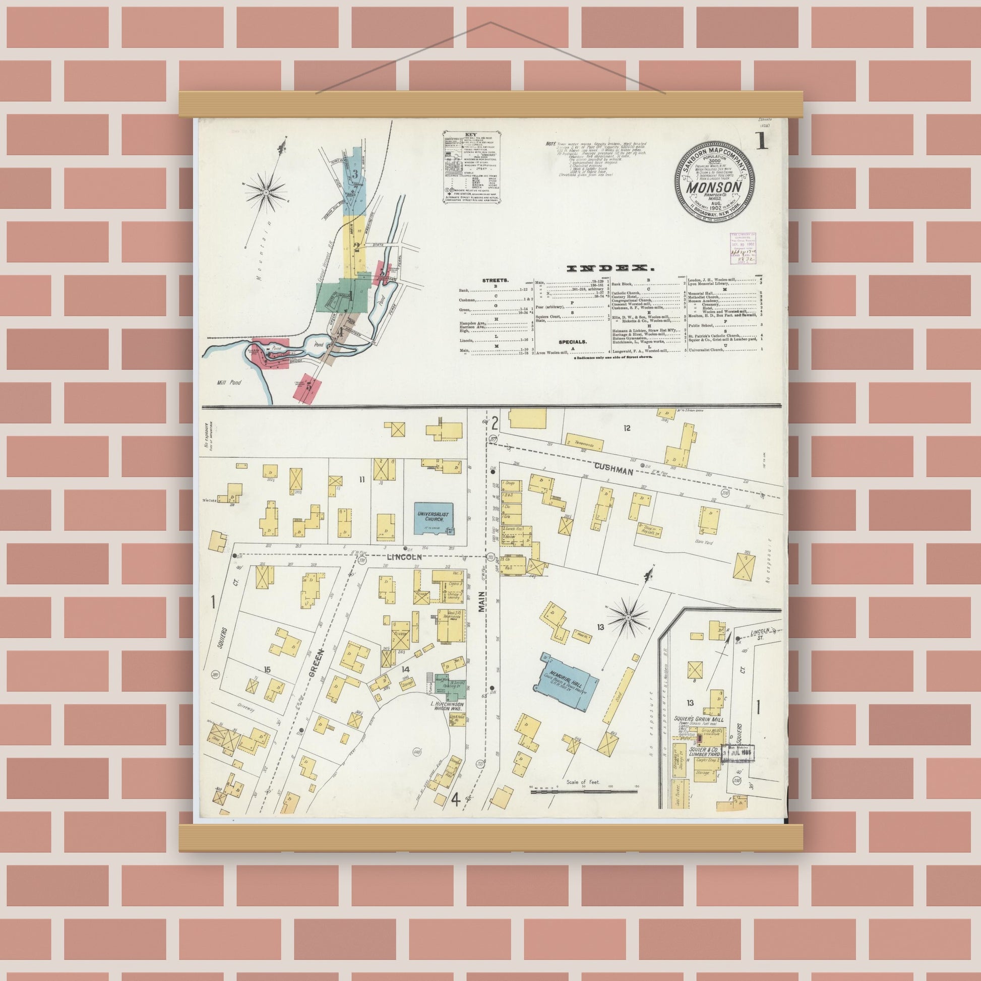 Old map wall art mockup — magnetic wood frame on brick wall — Sanborn Fire Insurance Map from Monson, Hampden County, Massachusetts (1902) - Complete Map Set