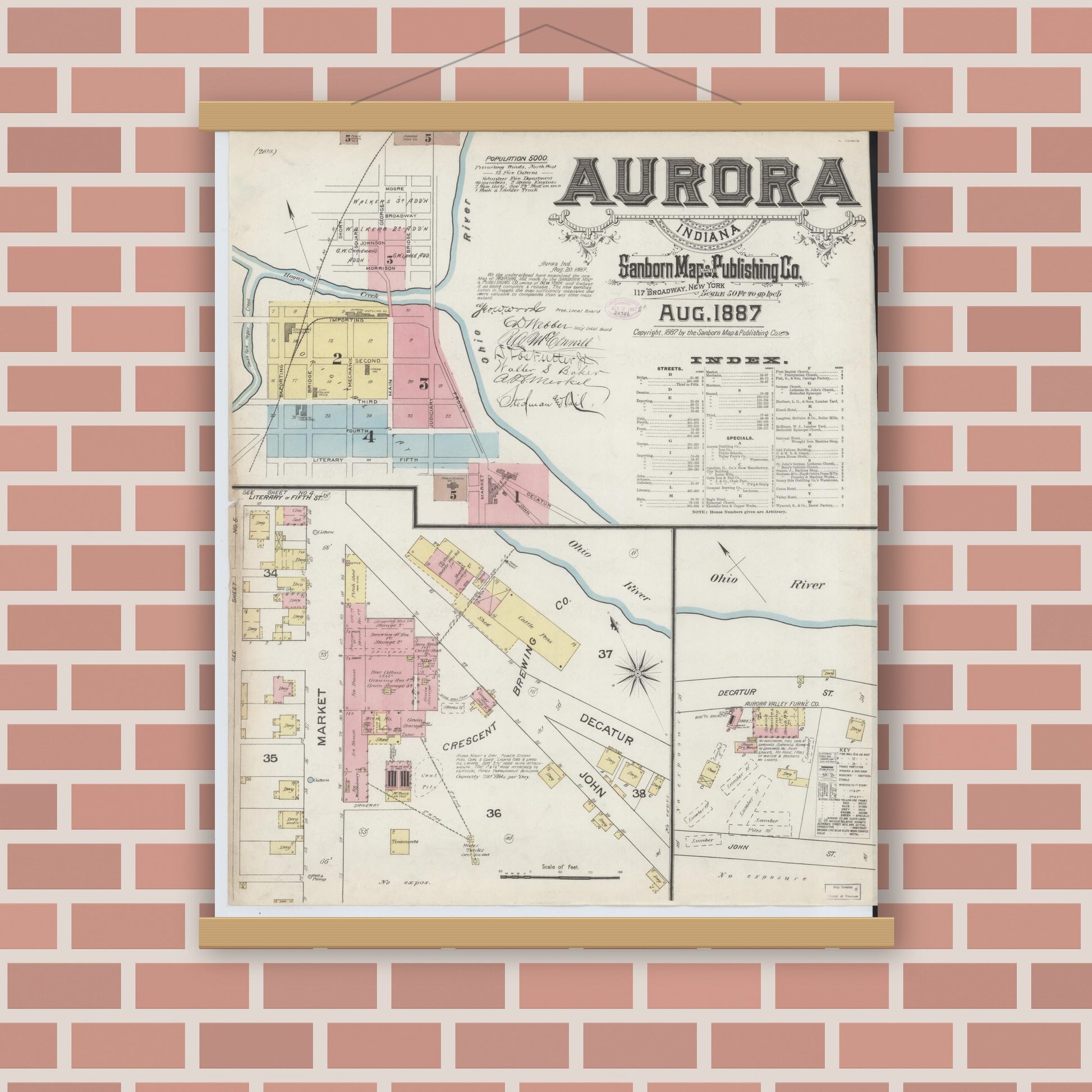 Old map wall art mockup — magnetic wood frame on brick wall — Sanborn Fire Insurance Map from Aurora, Dearborn County, Indiana (1887) - Complete Map Set