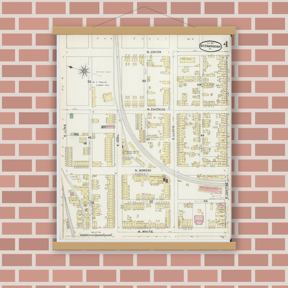 Old map wall art mockup — magnetic wood frame on brick wall — Sanborn Fire Insurance Map from Shenandoah, Schuylkill County, Pennsylvania (1891), Sheet #0004