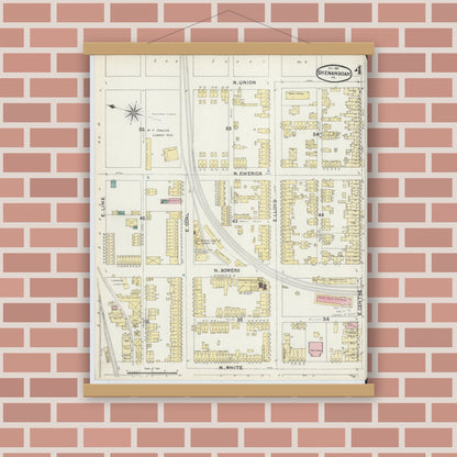 Old map wall art mockup — magnetic wood frame on brick wall — Sanborn Fire Insurance Map from Shenandoah, Schuylkill County, Pennsylvania (1891), Sheet #0004