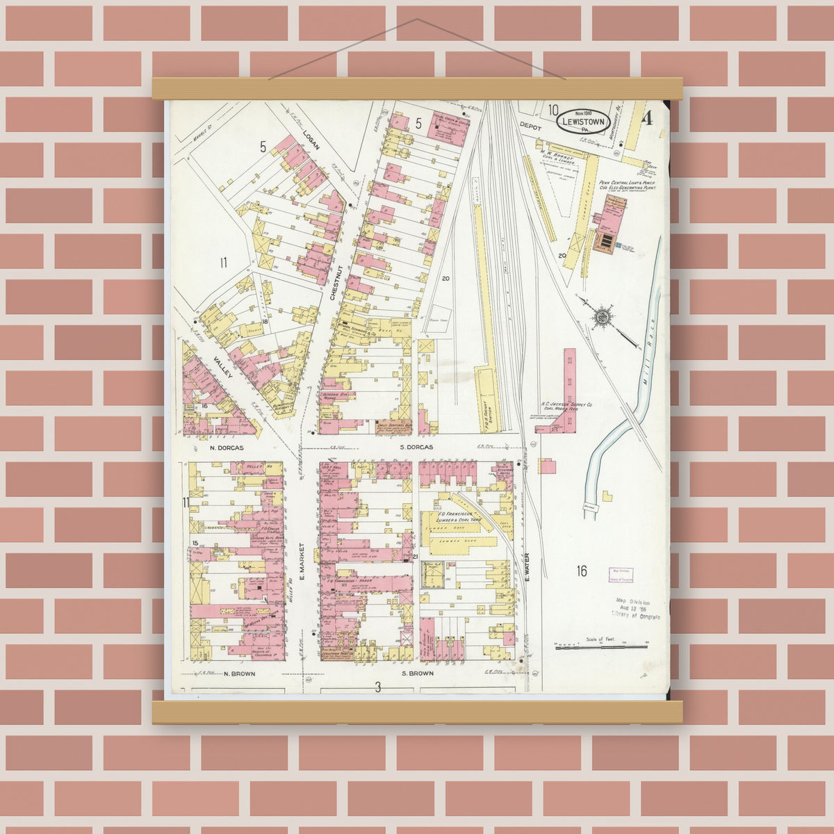 Old map wall art mockup — magnetic wood frame on brick wall — Sanborn Fire Insurance Map from Lewistown, Mifflin County, Pennsylvania (1910), Sheet #0004