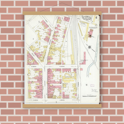 Old map wall art mockup — magnetic wood frame on brick wall — Sanborn Fire Insurance Map from Lewistown, Mifflin County, Pennsylvania (1910), Sheet #0004